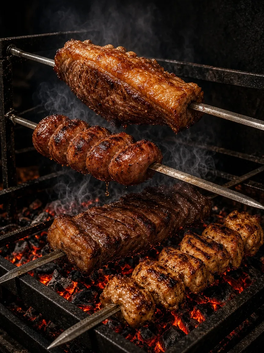 Meat roasting on churrasqueira skewers