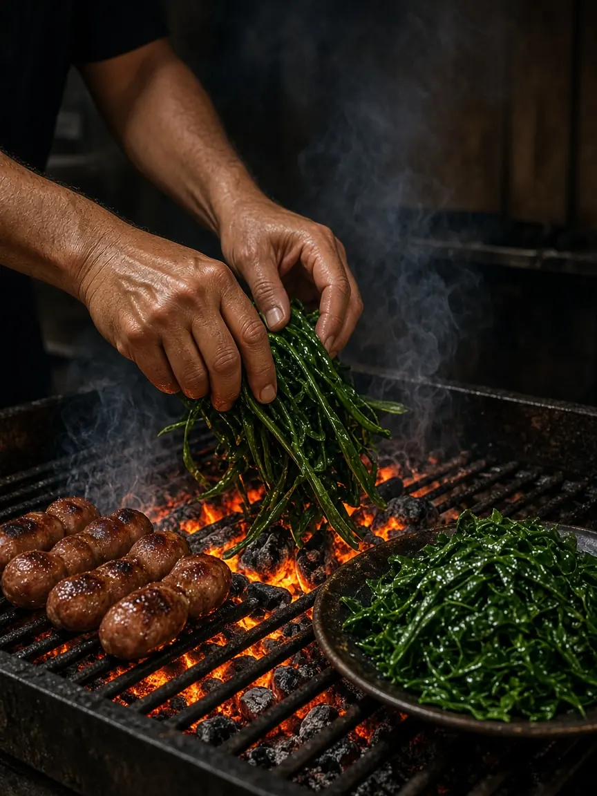 Hands tending the El Grill grill
